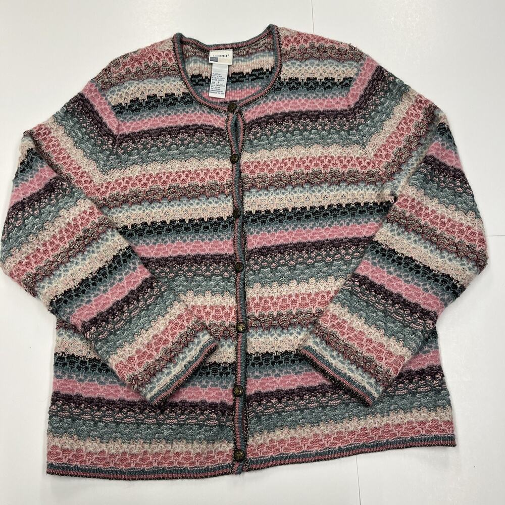 Vintage KORET Wool Mohair Cardigan Sweater Sz L Button Up Multicolor Grannycore
